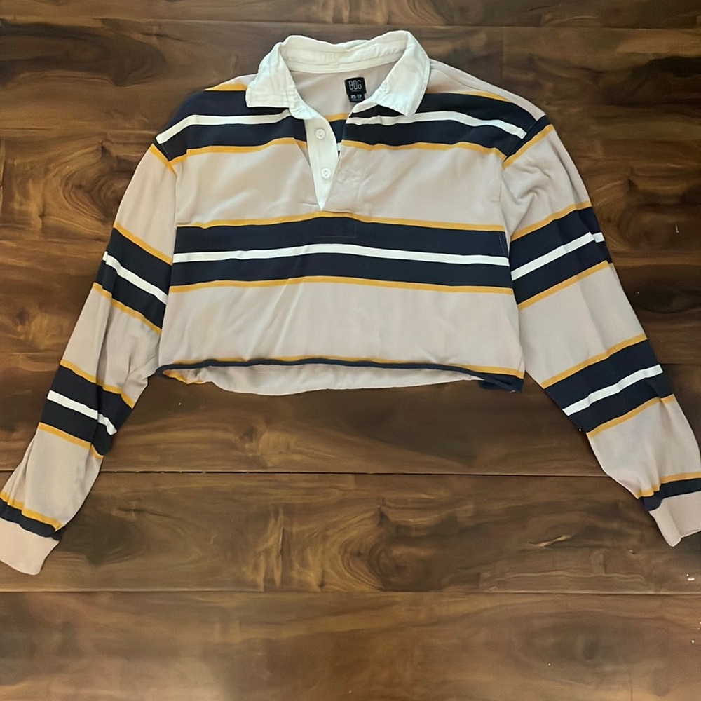 BDG Women’s Cropped Blue and Yellow Striped Collared Top Size XS
